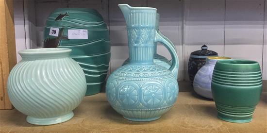 Deco Bretby pottery jugs etc & Doulton jar (7)